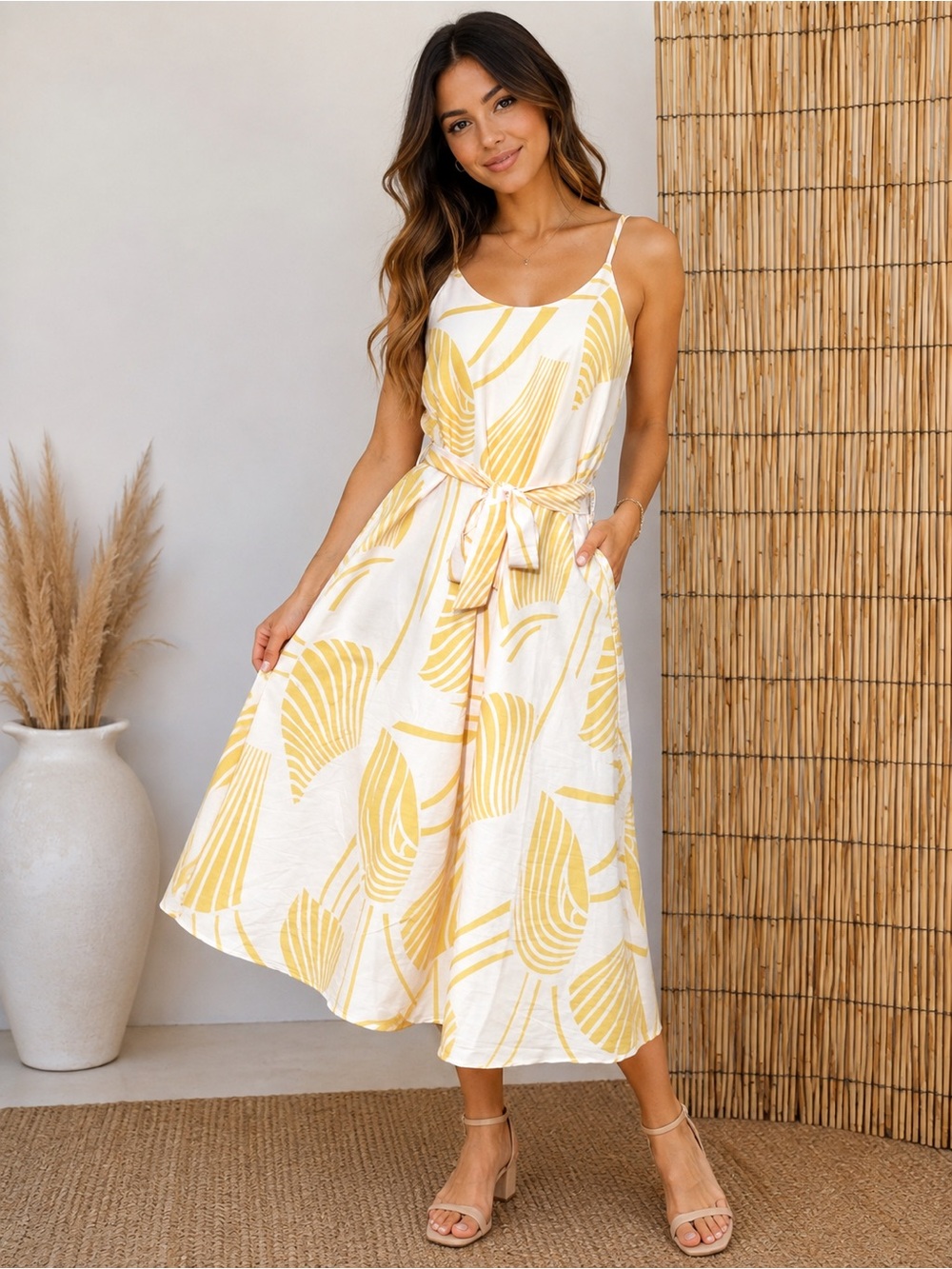 LASCANA Floral Print Midi Dress Yellow white with straps size:XS NWT